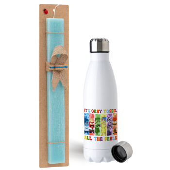Inside Out It's Okay To Feel All The Feels , Easter Set, metallic stainless steel water bottle (750ml) & aromatic flat Easter candle (30cm) (TURQUOISE)