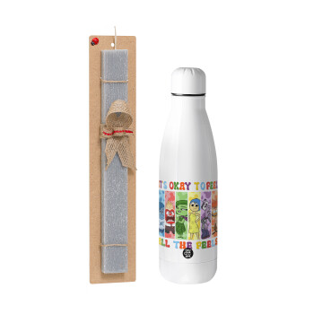 Inside Out It's Okay To Feel All The Feels , Easter Set, metallic stainless thermos bottle (500ml) & scented flat Easter candle (30cm) (GRAY)