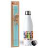 Easter Set, metallic stainless steel water bottle (750ml) & aromatic flat Easter candle (30cm) (TURQUOISE)