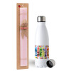 Easter Set, metallic stainless steel water bottle (750ml) & scented flat Easter candle (30cm) (PINK)