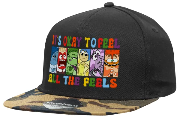 Inside Out It's Okay To Feel All The Feels — Adult Flat Snapback Hat Black/Camouflage, (100% COTTON TWILL, ADULT, UNISEX, ONE SIZE)