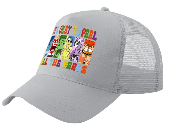 Inside Out It's Okay To Feel All The Feels — Adult Structured Trucker Hat, with Mesh, GRAY (100% COTTON, ADULT, UNISEX, ONE SIZE)