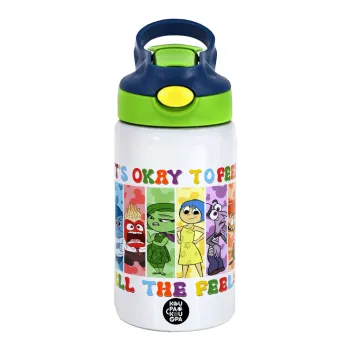 Inside Out It's Okay To Feel All The Feels , Children's hot water bottle, stainless steel, with safety straw, green, blue (350ml)