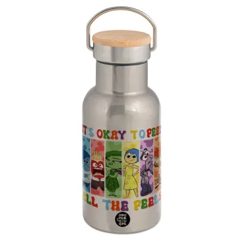 Inside Out It's Okay To Feel All The Feels , Stainless steel metallic thermos flask, silver with a bamboo lid, double-walled, 350ml.