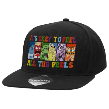 Inside Out It's Okay To Feel All The Feels , Καπέλο Ενηλίκων Flat Snapback Μαύρο, (100% ΒΑΜΒΑΚΕΡΟ TWILL, ΕΝΗΛΙΚΩΝ, UNISEX, ONE SIZE)