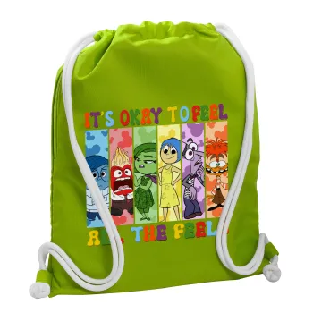 Inside Out It's Okay To Feel All The Feels , Τσάντα πλάτης πουγκί GYMBAG LIME GREEN, με τσέπη (40x48cm) & χονδρά κορδόνια