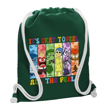 Inside Out It's Okay To Feel All The Feels , Τσάντα πλάτης πουγκί GYMBAG BOTTLE GREEN, με τσέπη (40x48cm) & χονδρά λευκά κορδόνια