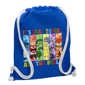 Inside Out It's Okay To Feel All The Feels , Τσάντα πλάτης πουγκί GYMBAG Μπλε, με τσέπη (40x48cm) & χονδρά κορδόνια
