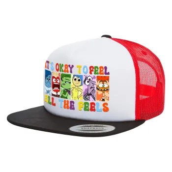 Inside Out It's Okay To Feel All The Feels , Adult Foam Flat Snapback with Mesh Black-White-Red (POLYESTER, ADULT, UNISEX, ONE SIZE)