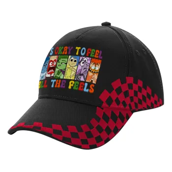 Inside Out It's Okay To Feel All The Feels , Καπέλο Ενηλίκων Ultimate ΜΑΥΡΟ/ΚΟΚΚΙΝΟ RACING, (100% ΒΑΜΒΑΚΕΡΟ DRILL, ΕΝΗΛΙΚΩΝ, UNISEX, ONE SIZE)