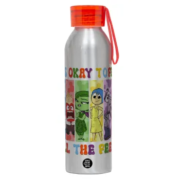 Inside Out It's Okay To Feel All The Feels , Αλουμινένιο Αθλητικό Μπουκάλι 650ml – Ασημί με Κόκκινο Καπάκι και Λουράκι Σιλικόνης