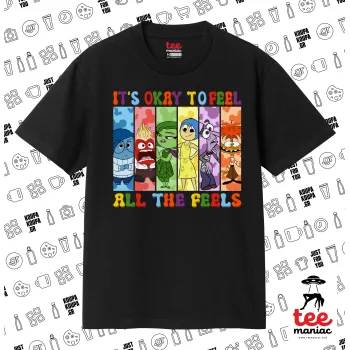 Inside Out It's Okay To Feel All The Feels , Κλασικό T-Shirt, διπλής ραφής, χωρίς πλευρικές ραφές ΜΑΥΡΟ από 100% βαμβάκι. Vegan & OEKO-TEX πιστοποιημένο.
