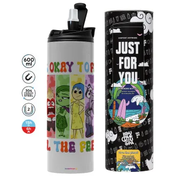 Inside Out It's Okay To Feel All The Feels , Tumbler ποτήρι θερμό ΓΚΡΙ από ανοξείδωτο ατσάλι 600ml