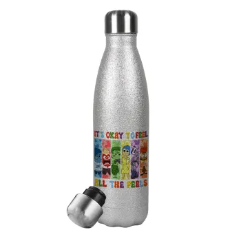 Inside Out It's Okay To Feel All The Feels , Metallic Glitter Silver Thermos Flask (Stainless steel), double-walled, 500ml