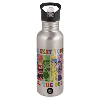 Inside Out It's Okay To Feel All The Feels , Water bottle Silver with straw, stainless steel 600ml