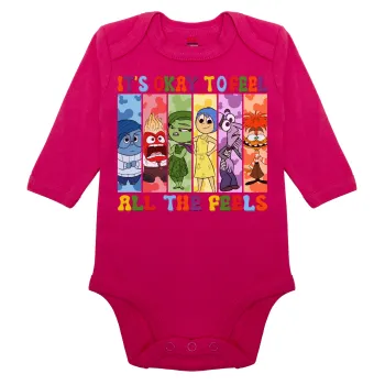 Inside Out It's Okay To Feel All The Feels , Μακρυμάνικο βρεφικό φορμάκι, 0-18 μηνών, ΡΟΖ, 100% Organic Cotton