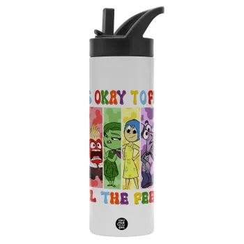 Inside Out It's Okay To Feel All The Feels , Μεταλλικό παγούρι θερμός με καλαμάκι & χειρολαβή, ανοξείδωτο ατσάλι (Stainless steel 304), διπλού τοιχώματος, 600ml