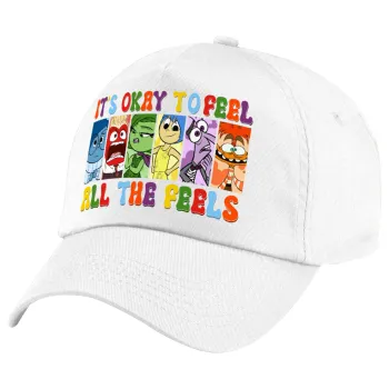 Inside Out It's Okay To Feel All The Feels , Καπέλο παιδικό Baseball, 100% Βαμβακερό Twill, Λευκό (ΒΑΜΒΑΚΕΡΟ, ΠΑΙΔΙΚΟ, UNISEX, ONE SIZE)
