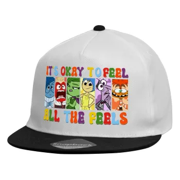 Inside Out It's Okay To Feel All The Feels , Child's Flat Snapback Hat, White (100% COTTON, CHILDREN'S, UNISEX, ONE SIZE)
