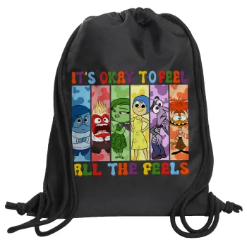 Inside Out It's Okay To Feel All The Feels , Backpack pouch GYMBAG Black, with pocket (40x48cm) & thick cords