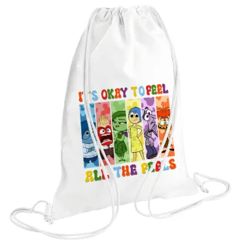 Inside Out It's Okay To Feel All The Feels , Τσάντα πλάτης πουγκί GYMBAG λευκή (28x40cm)