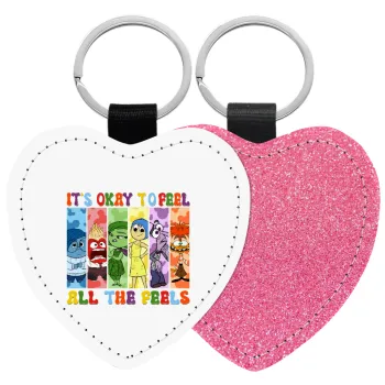 Inside Out It's Okay To Feel All The Feels , Μπρελόκ PU δερμάτινο glitter καρδιά ΡΟΖ