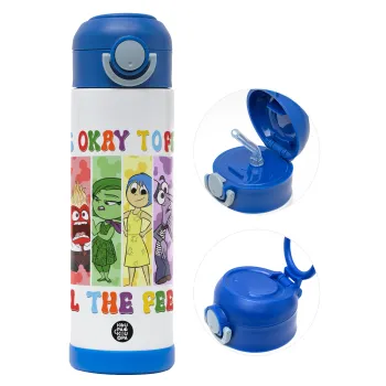 Inside Out It's Okay To Feel All The Feels , Children's hot water bottle, stainless steel, with safety straw, BLUE (500ml)