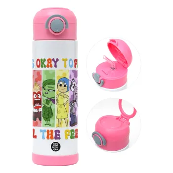 Inside Out It's Okay To Feel All The Feels , Children's hot water bottle, stainless steel, with safety straw, PINK (500ml)
