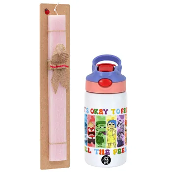 Inside Out It's Okay To Feel All The Feels , Easter Set, Children's thermal stainless steel water bottle with safety straw, pink/purple (350ml) & Easter scented flat candle (30cm) (PINK)