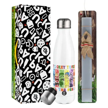 Inside Out It's Okay To Feel All The Feels , Πασχαλινή Λαμπάδα με μεταλλικό παγούρι θερμός λευκός (500ml) & λαμπάδα αρωματική πλακέ (30cm) (ΓΚΡΙ)