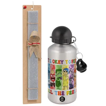 Inside Out It's Okay To Feel All The Feels , Easter Set, metallic silver aluminum water bottle (500ml) & aromatic flat Easter candle (30cm) (GRAY)