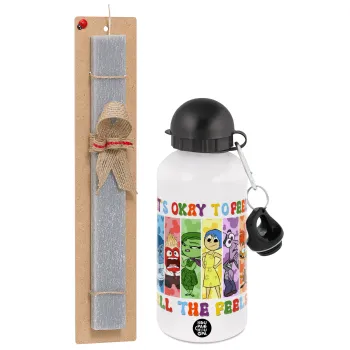 Inside Out It's Okay To Feel All The Feels , Πασχαλινή Λαμπάδα με παγούρι μεταλλικό  αλουμινίου (500ml) & κερί αρωματικό πλακέ (30cm) (ΓΚΡΙ)