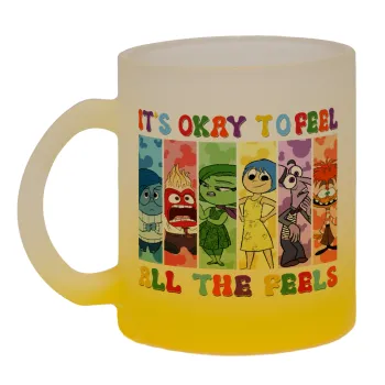Inside Out It's Okay To Feel All The Feels , Κούπα γυάλινη δίχρωμη με βάση το κίτρινο ματ, 330ml