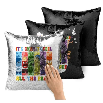 Inside Out It's Okay To Feel All The Feels , Μαξιλάρι καναπέ Μαγικό Μαύρο με πούλιες 40x40cm περιέχεται το γέμισμα
