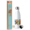 Easter Set, metallic stainless steel water bottle (750ml) & aromatic flat Easter candle (30cm) (TURQUOISE)
