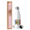 Easter Set, metallic stainless steel water bottle (750ml) & scented flat Easter candle (30cm) (PINK)