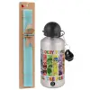 Easter Set, metallic silver aluminum water bottle (500ml) & scented flat Easter candle (30cm) (TURQUOISE)