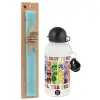Easter Set, metallic aluminum water bottle (500ml) & scented flat candle (30cm) (TURQUOISE)