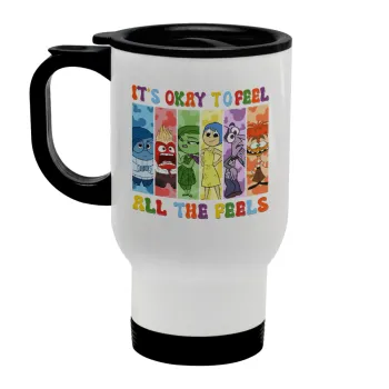 Inside Out It's Okay To Feel All The Feels , Stainless steel travel mug with lid, double wall white 450ml