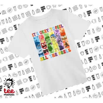 Inside Out It's Okay To Feel All The Feels , Άνετο παιδικό T-Shirt ΛΕΥΚΟ από 100% βαμβάκι, για κάθε μέρα. Vegan & OEKO-TEX πιστοποιημένο.