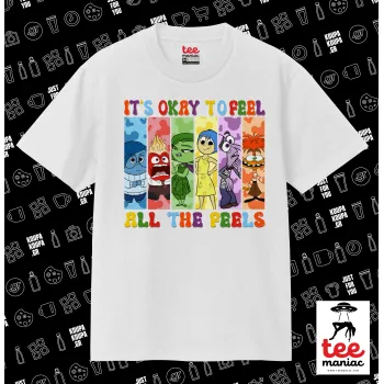 Inside Out It's Okay To Feel All The Feels , Κλασικό T-Shirt, διπλής ραφής, χωρίς πλευρικές ραφές ΛΕΥΚΟ από 100% βαμβάκι. Vegan & OEKO-TEX πιστοποιημένο.
