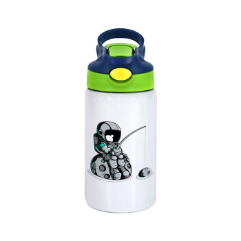 Little astronaut fishing, Children's hot water bottle, stainless steel, with safety straw, green, blue (350ml)