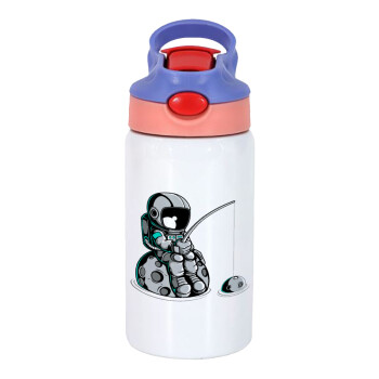 Little astronaut fishing, Children's hot water bottle, stainless steel, with safety straw, pink/purple (350ml)