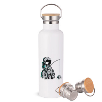 Little astronaut fishing, Stainless steel White with wooden lid (bamboo), double wall, 750ml