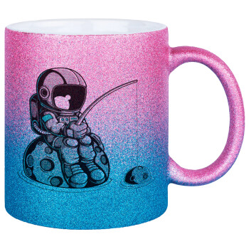 Little astronaut fishing, Κούπα Χρυσή/Μπλε Glitter, κεραμική, 330ml