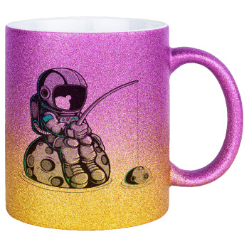 Αστροναύτης ψαρεύει στο διάστημα, Κούπα Χρυσή/Ροζ Glitter, κεραμική, 330ml