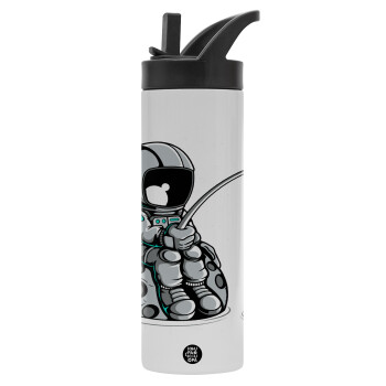 Little astronaut fishing, Metallic thermos bottle with straw & handle, stainless steel (Stainless steel 304), double-walled, 600ml.