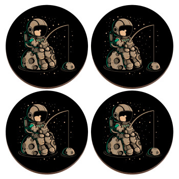 Little astronaut fishing, ΣΕΤ x4 Σουβέρ ξύλινα στρογγυλά plywood (9cm)