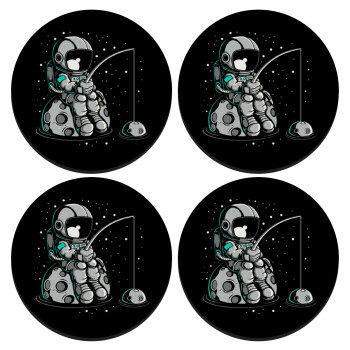 Little astronaut fishing, SET of 4 round wooden coasters (9cm)