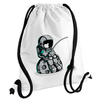 Αστροναύτης ψαρεύει στο διάστημα, Τσάντα πλάτης πουγκί GYMBAG λευκή, με τσέπη (40x48cm) & χονδρά κορδόνια